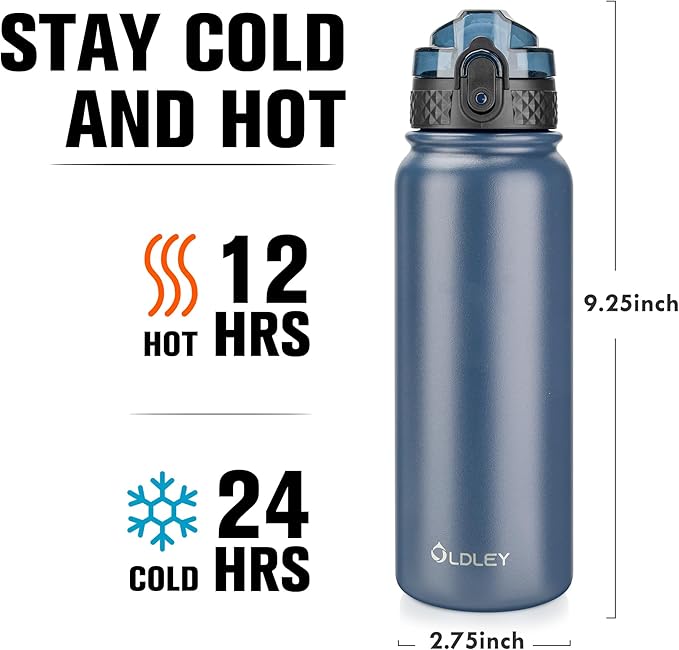 Oldley Insulated Water Bottle 20oz Water Bottles with Straw, Stainless Steel Water Bottle with 3 Lids, Double Wall Vacuum Bottels for Adults Kids,Leak-Proof Sport Bottles for School Travel, Navy Blue
