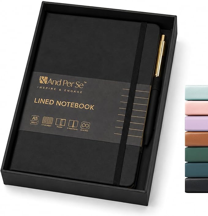&And Per Se Lined Journal and Pen Set, A5 Leather Journal Stationery Set, 160 Pages 100GSM Thick Paper, Notebook Gift Set (Black)