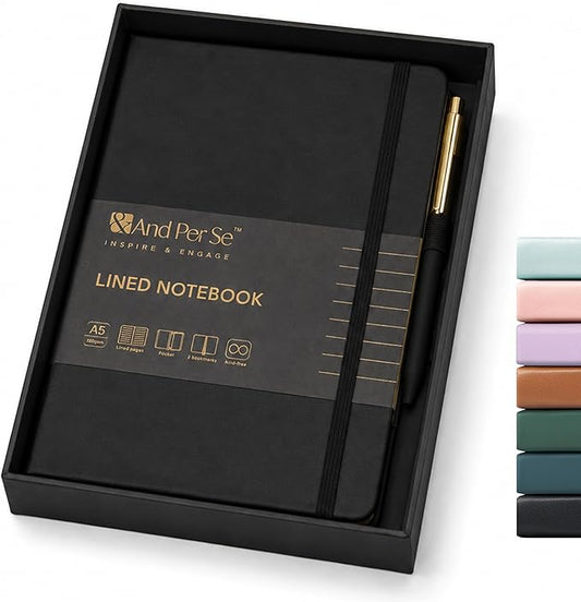 &And Per Se Lined Journal and Pen Set, A5 Leather Journal Stationery Set, 160 Pages 100GSM Thick Paper, Notebook Gift Set (Black)