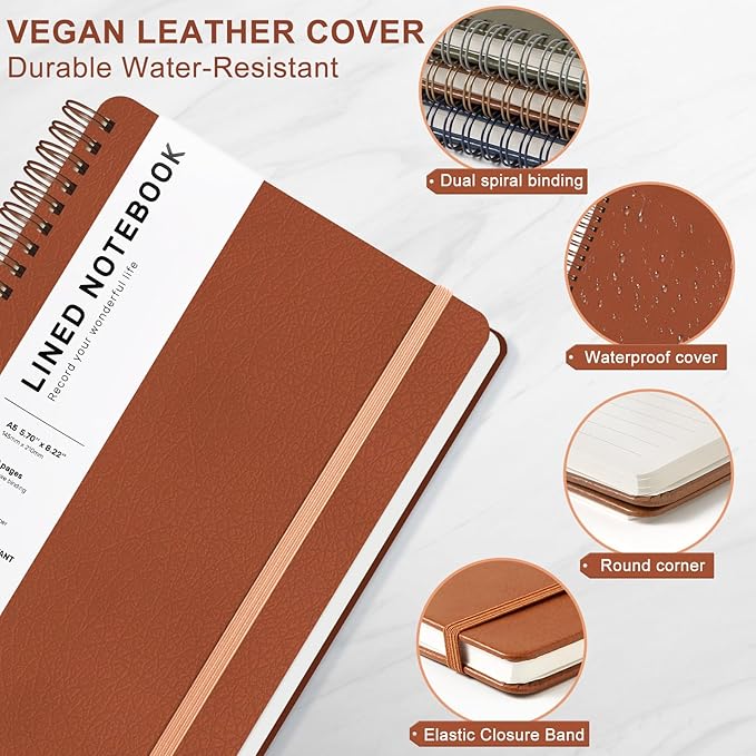 ABERLLS Lined Spiral Journal Notebook with 160 Pages, 8×5.7in, A5 Spiral Notebook, Journaling Notebooks for Work, School, Women, Men, College Ruled Spiral Notebook, Hardcover Leather Journals, Brown