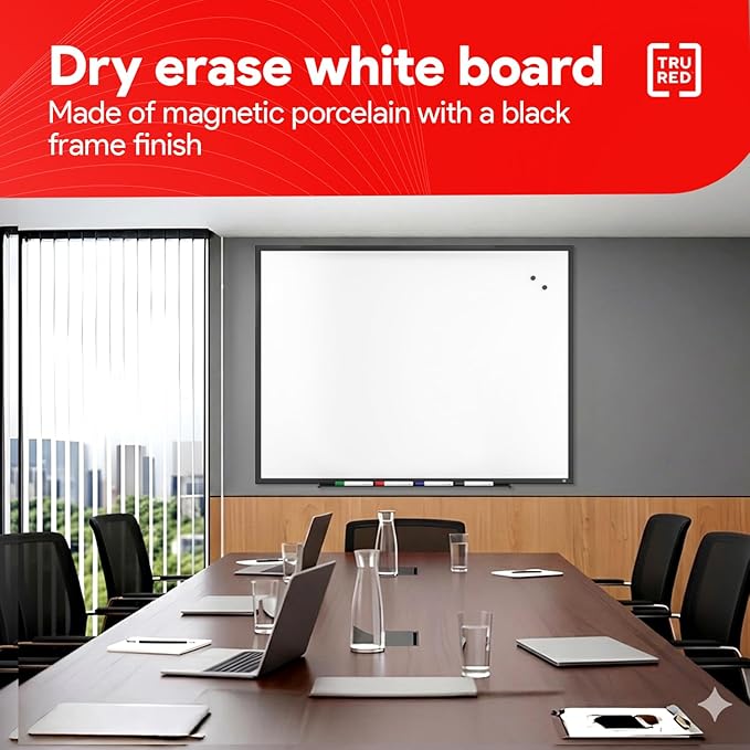 TRU RED Magnetic Porcelain Whiteboard | Dry Erase Board for Wall, White Board with Black Frame, 3 ft x 4 ft, 4 Multicolor Markers Included