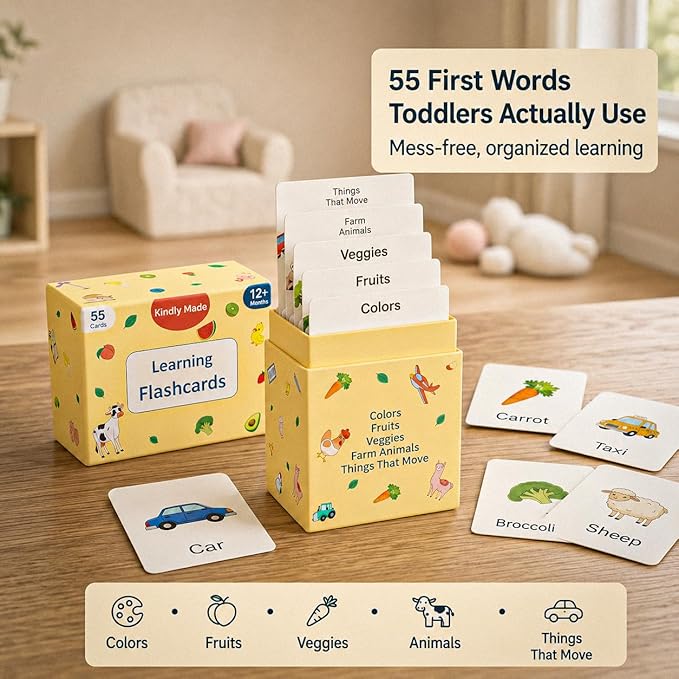 Flash Cards for Toddlers 1–3 – 55 Thick & Durable Learning Flashcards, First Words, Real-Life Images, Montessori Toy 12+ Months