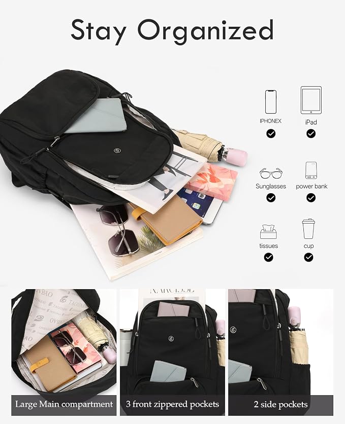 Foldable Backpack for Women, Lightweight Travel Backpack Purse Black | with Luggage Strap, Packable Causal Daypack, Chic Bookbag, Water-Resistant Gym School Backpack for Travel College Daily Use