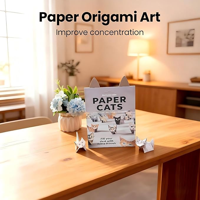 50 Piece 3D Origami Cat Kit for Kids 6-12, Pre-Cut Pre-Printed Origami Paper, No Scissors No Glue, Kids DIY Craft Desk Pets Educational Gift