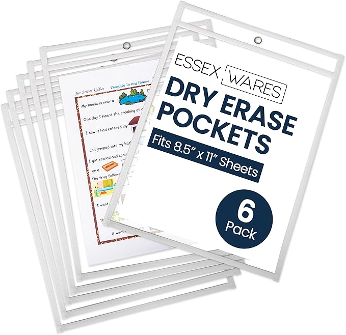 Essex Wares - 6 Pack, White, Dry Erase Pocket Document Protectors, 10" Wide x 13.5" Tall - Dry Erase Clear Plastic Sleeves - Reusable & Easy Erase Plastic Invoice Holders, Water-Resistant & Durable