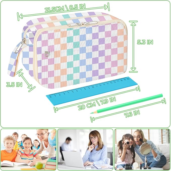 WOBAGMEN Cute Pencil Case,Large Corduroy Zippered Pencil Case Pouch, aesthetic Pencil Bag with Compartments, Pencil Pouch School Supplies (Colorful checked)