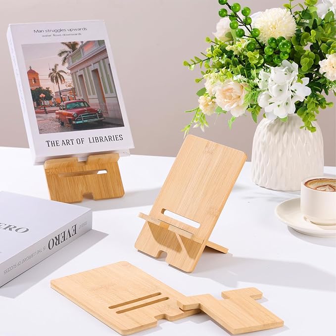 6 Pack Bamboo Book Stand for Display, Natural Easel Stand for Display, Book Display Stand for Home Office School, Book Riser for Comic Album CD Magazine Postcard Picture Plate Phone Artworks (Large)