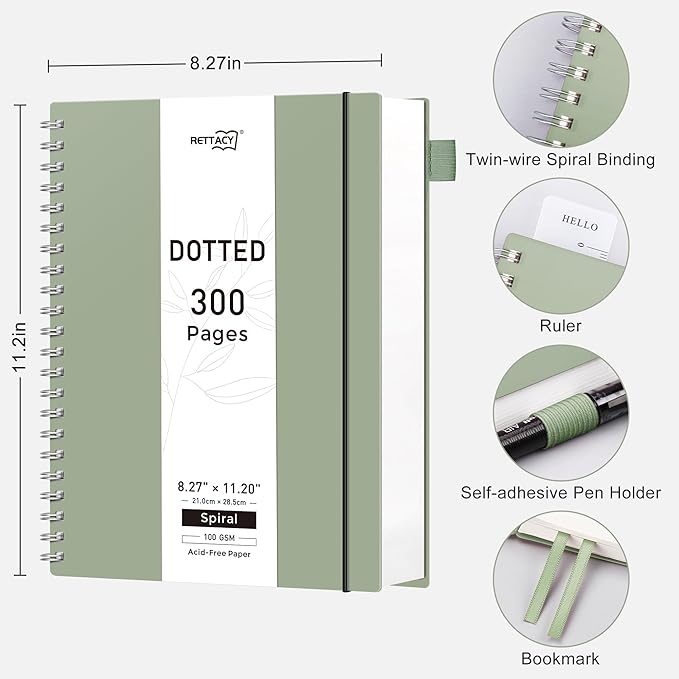 RETTACY Dotted Journal Notebook, 300 Pages, A4 Large Size (8.2'' × 11.2''), 100 GSM Thick Paper, Flexible Plastic Cover, Spiral-bound, for Journaling, Planning, Tracking (Sage Green)