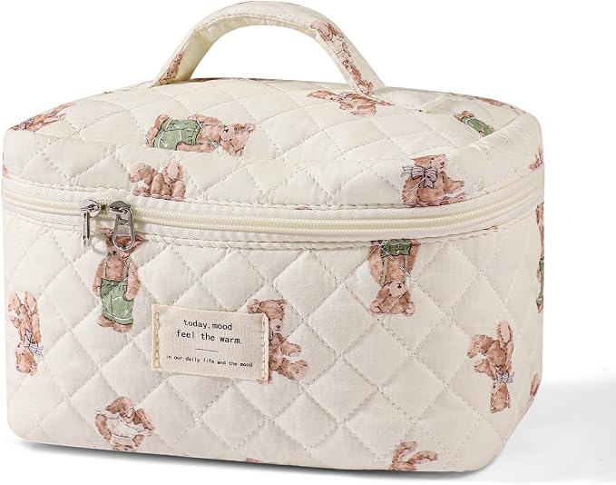 uekeboag Large Travel Quilted Makeup Bag for Women | Soft Floral Cotton Cosmetic Bag, Foldable Coquette Aesthetic Toiletry Organizer