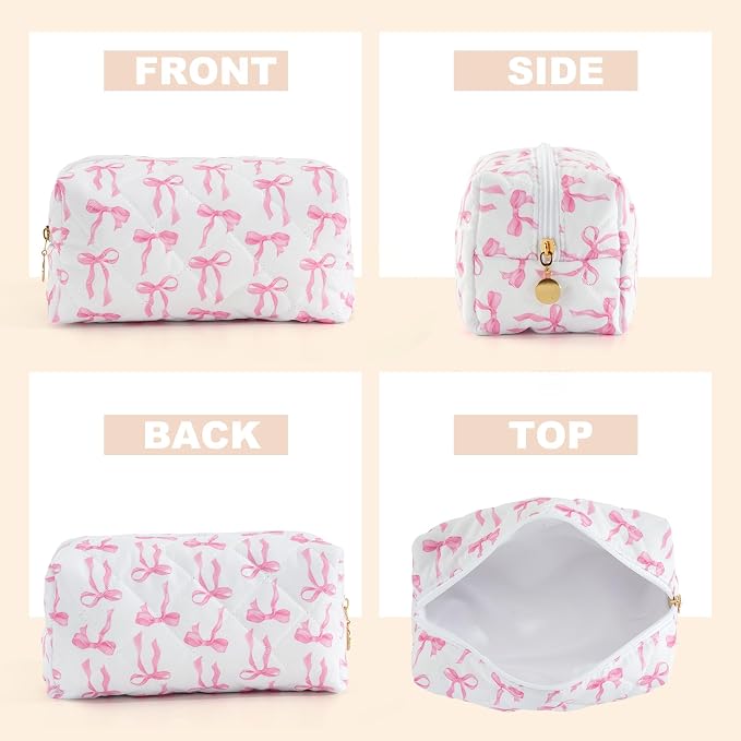 Makeup Bag Travel Toiletry Bag for Women, Small Cosmetic Bags Cute Quilted Cotton Makeup Pouch for Purse Emergency Bag Pencil Case Accessory Bag, Ribbon Bow