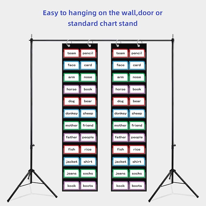 ANCOMEDO 10”W x 48.25”H Classroom Words Pocket Chart with 12 Clear Pockets, Black Standard Pocket Chart for Classroom and Home for Sentence Strips, Reusable Words Hanging Pocket Chart (Black)