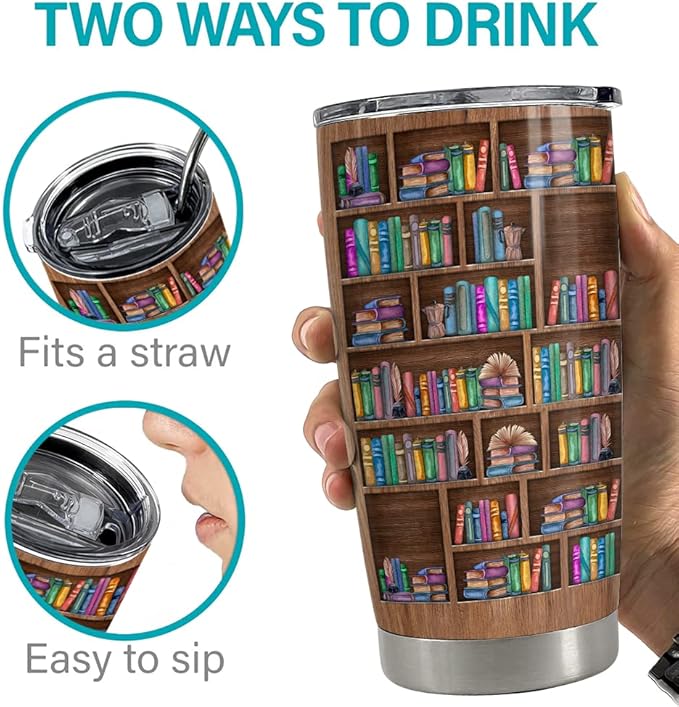SANDJEST Book Lovers Tumbler Bookshelf 20oz Tumblers with Lid Gift for Librarian Book Lover Women Readers Bookworm Christmas Holiday Birthday