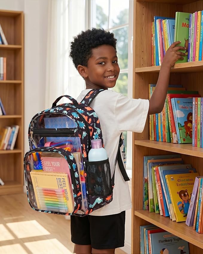 Soimeat Clear Backpack for Girls - Large Kids Clear Bookbag - Fabric & PVC Transparent Backpacks for Elementary School, Black Dinosaur