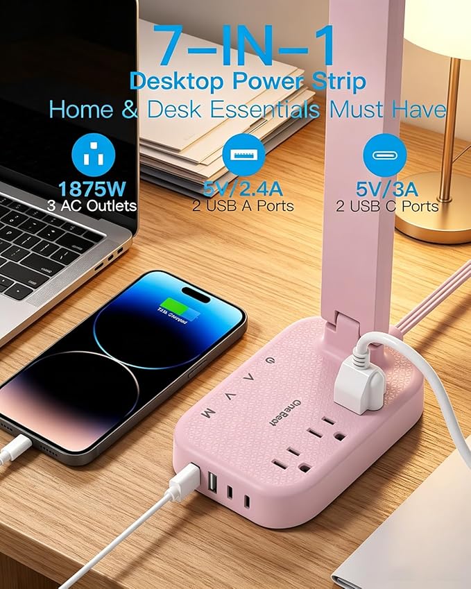 One Beat Small LED Desk Lamp Power Strip 5ft Extension Cord with 3 Outlets 4 USB Ports(2 USB C), 4 Modes, 5 Level Touch Lamp Study Reading Light, Home Office Bedroom College Dorm Room Essentials, Pink