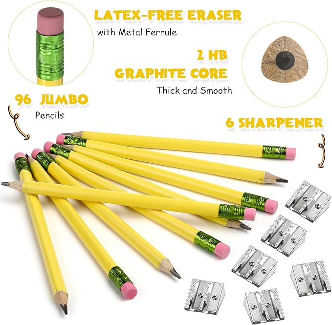 Fainne 102 Pieces Jumbo Pencils Set for Kids Toddlers 96 Thick Fat Large Pencils with Erasers 6 Sharpeners Bulk for Preschool Kindergarten Elementary School Classroom(Yellow,Triangle)