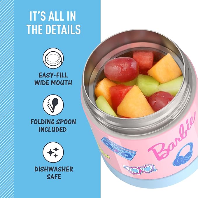 THERMOS FUNTAINER Insulated Food Jar, 10 Ounce, Kid Friendly Food Jar with Foldable Spoon, Barbie