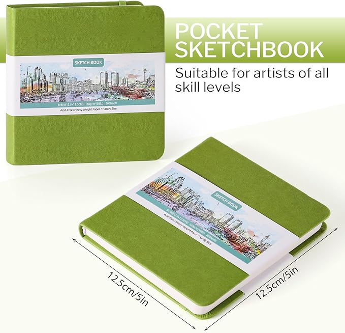 Prudiut Hardcover Pocket Sketchbook, 5" x 5" Square Mini Sketchbook, 98lb/160gsm Heavyweight Tiny Sketch Book, 80 Sheets Small Travel Drawing Journal for Adults, Artist, Ideal for Gift (Emerald Green)