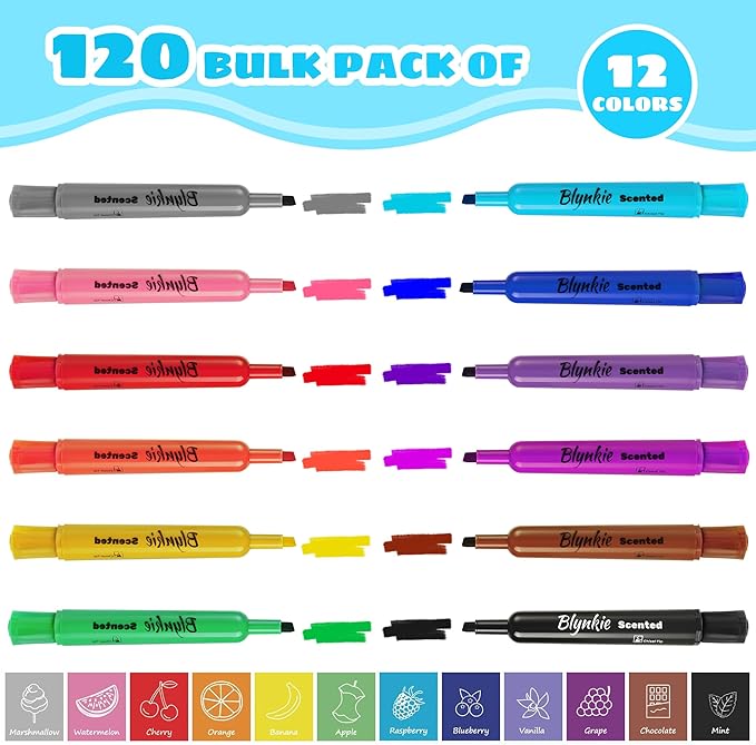 Scented Markers Bulk, 120 Count in 12 Assorted Colors with Fun Scents - Chisel Tip Washable Chart Markers for Teachers, Kids, School Supplies & Back to School Supplies, Classroom Must Haves