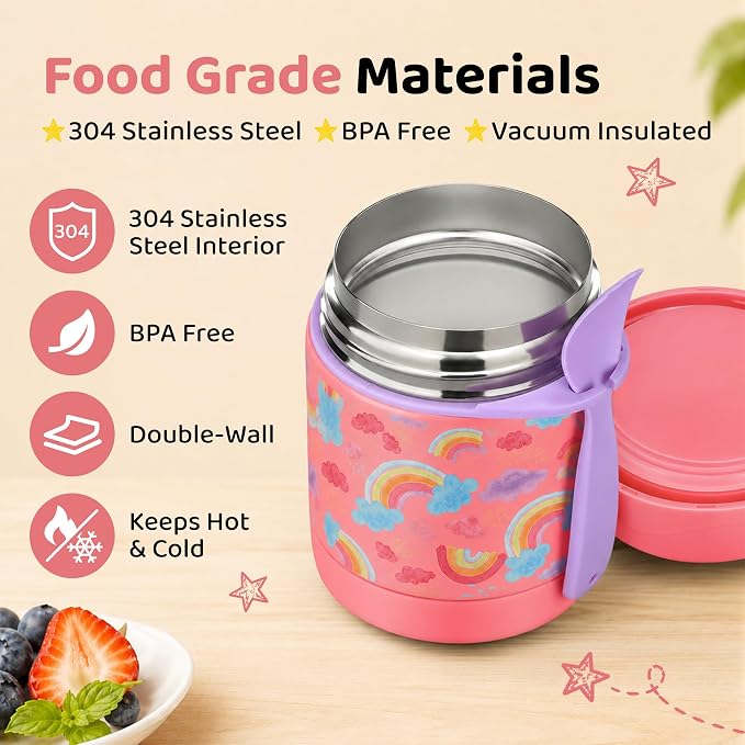 Pawtong 10oz Soup Thermo for Hot Food Kids Insulated Food Jar,Thermo Hot Food Lunch Container, Width Mouth Stainless Steel Lunch Box for Kids with Spoon (Pink-rainbow)