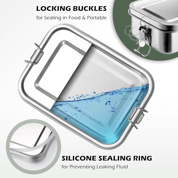 Leonyo 2 Pack 18/10 Stainless Steel Lunch Box for Adults 47oz, 1400ml Metal Bento Box with Removable Divider, 3 Compartments Snack Lunch Containers for Woman Man, Leak-Proof, Dishwasher Safe