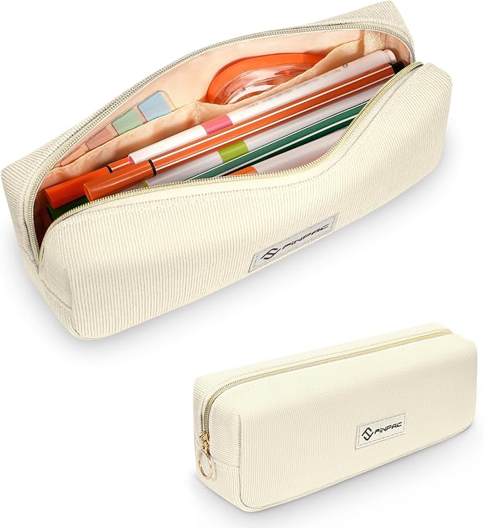 FINPAC Pencil Case, Corduroy Aesthetic Makeup Bag, Cute Kawaii Pen Bag Pouch Holder Box Organize for Study, Office, or Travel (Beige)