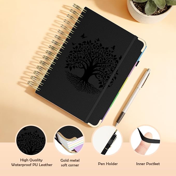 QIYVLOS Hardcover Spiral Notebook, A5 Journal with Removable Dividers Tabs, 5 Subject Notebook College Ruled, 320 Pages 6"x8" Leather Notebooks for Work School Study, Lined Journal for Women, Black