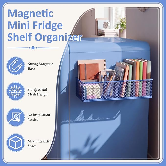 FoldTier 1 Pack Blue Magnetic Basket Fridge Organizer, Magnetic Shelf Containers Storage Bin Holder for Kitchen Dorm Locker Refrigerator Classroom Whiteboard Office Table (13.8 x 3.1 x 4.9 Inch)