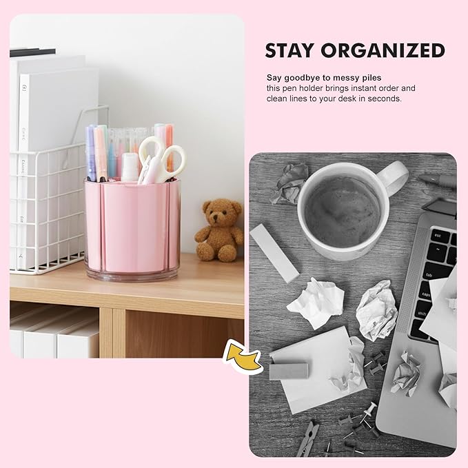 Comix 360° Rotating Pen Holder for Desk, Cute Pencil Holder Pen Organizer, Pink Acrylic Pencil Cup Caddy with 5 Slots for Home School Office Supplies