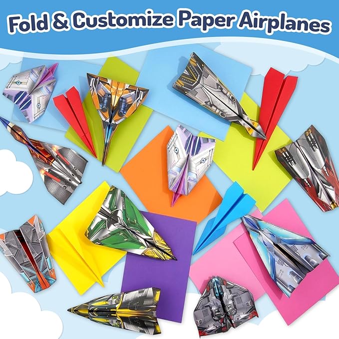 AluAbi Paper Airplane Kits, 60 Sheets Double Sided Colored Origami with Instructions Book and Video, Birthday Crafts Gift for Kids Ages 6-12