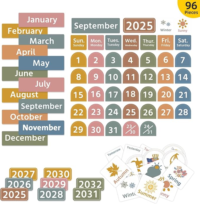 REGELETO Large Boho Calendar Pocket Chart with 96 Cards for Classroom, Size:32.25 x 24.125 inch Black Monthly Calendar and Weather Pocket Chart for Student Learning for Home or School.
