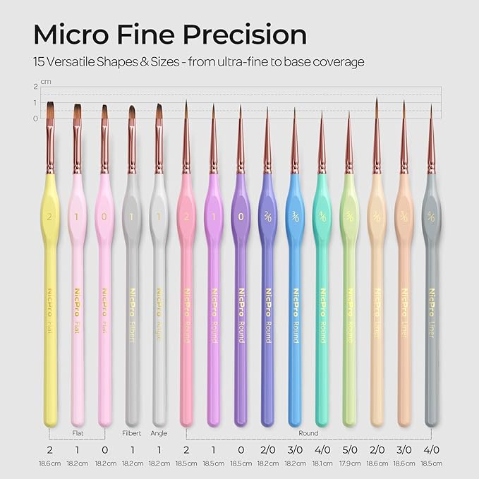 Nicpro 15PCS Micro Fine Detail Paint Brush Set, Aesthetic Pastel Small Miniature Fine Tip Detail Brushes Kit for Acrylic Oil Watercolor, Craft, Models, Miniatures, Rock Painting, Paint by Numbers