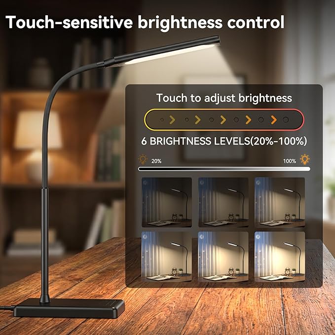 LED Desk Lamp 12W Touch Control Desk Lamp with USB Charging Port 5 Color Modes 6 Brightness Levels Eye-Caring Office Lamp with Memory Function 1h Timer Adjustable Neck Table Lamp