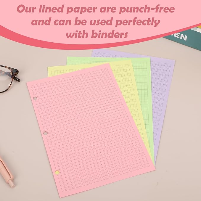 100 sheet Half Letter Graph Paper Refill 3 Hole Punch 5-1/2 x 8-1/2 College Ruled Grid Paper Pad Math Graph Paper Pad Colored Mini Binder Paper Planner Inserts Fits 3 Ring Binders For Office