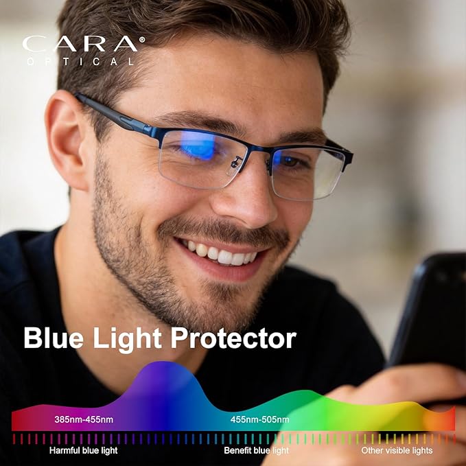 CARA Ultra Lightweight Progressive Multifocus Reading Glasses Men, Metal Frame Flexible TR90 Bi-color Temples with Blue Light/UV400 Protection Multifocal Computer Readers(Black+Blue, +1.75)