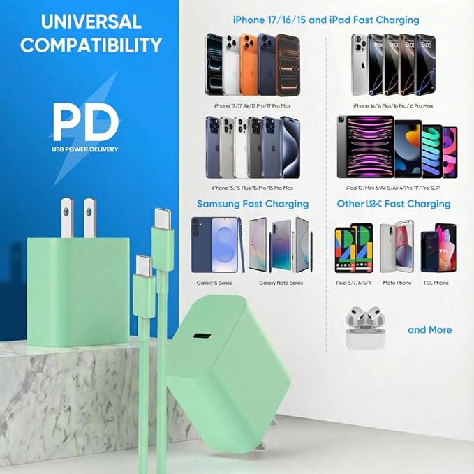 iPhone 17 16 15 Charger Fast Charging 6FT+10FT Cable, 20W USB C Charger, USBC Wall Charger for i Phone 17 Air 16 16e/16 Pro/16 Pro Max/15/15 Plus/15 Pro/15 Pro Max,i Phone iPad Pro/Mini (Green)