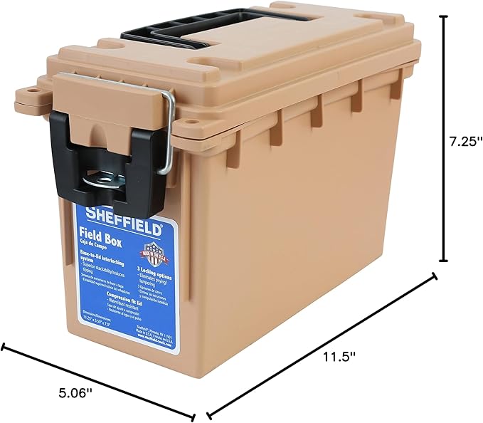 Sheffield 12627 Ammo Storage Box, Stackable .30 Cal Field Boxes, Water and Dust Resistant, Lockable Storage Box with Handle, Secures Hunting Gear, Supplies, and Bullets, Made in USA, Tan, (Pack of 6)