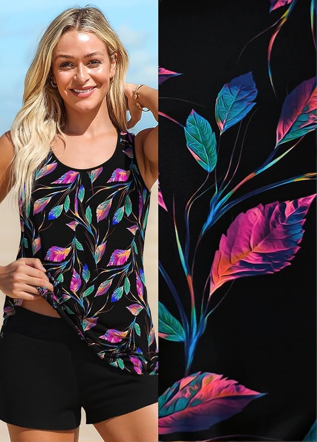 Modlily Modest Two Piece Tankini Swimsuits, Tropical Plants Print Bathing Suits, Casual Tank Top with Board Shorts
