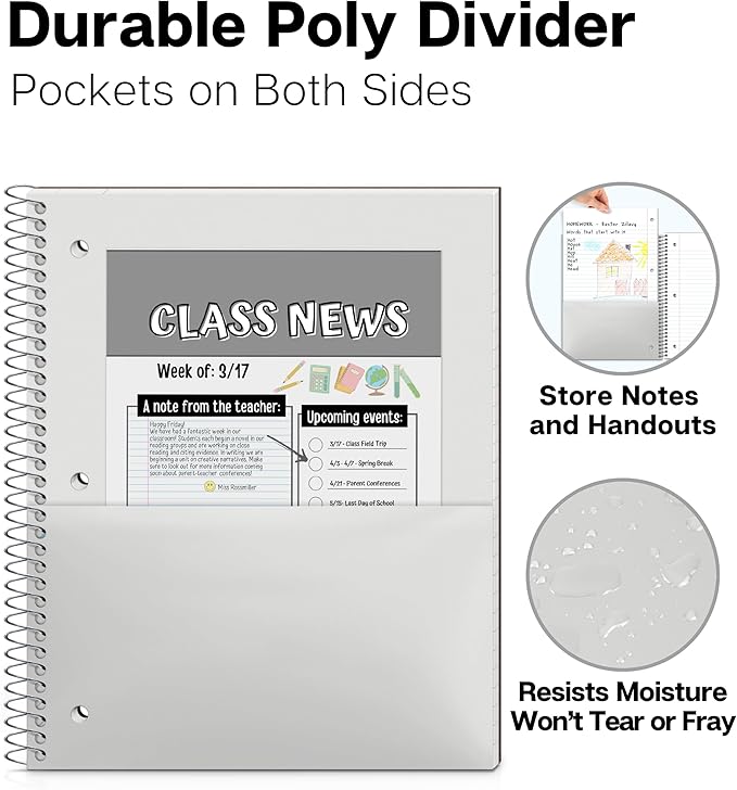 Dunwell 1 Subject Notebook, Plastic Cover, 80 Sheets, Spiral Notebook, Wide Ruled 8x10.5 Paper, 3-Hole Punched Tear-Off Pages, Divider with Pockets