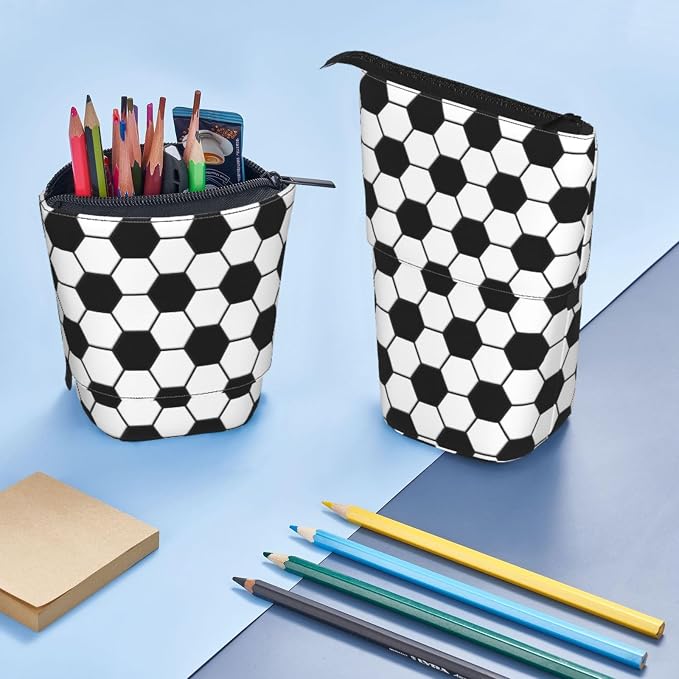 Soccer Kids Standing Pencil Case Girls Boys Telescopic Stationary Pouch with Zipper Large Capacity Stand up Pen Bag Portable Makeup Holder for Children School Students Office Supplies