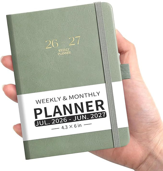 EMSHOI Pocket Calendar 2026-2027, Small Mini Academic Planner Weekly and Monthly, July 2026-June 2027, School Student Teacher Agenda, Leather Hardcover, 100GSM Paper, Tabs, A6 4.3"x6", Light Green