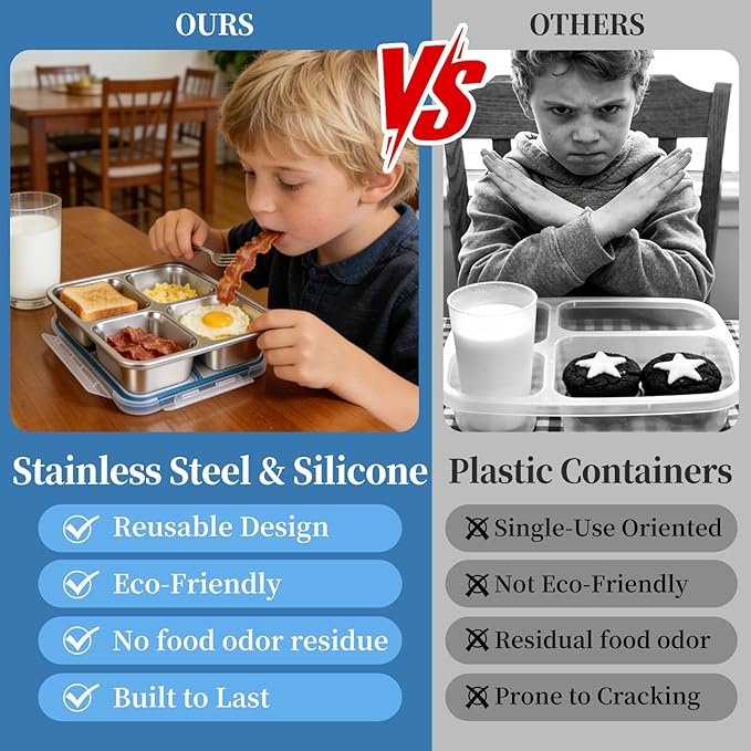 2 Pack Stainless Steel Snack Containers, Leakproof 4 Compartment Meal Prep Containers with Lids, Reusable Metal Bento Box for Adults Office Travel Gym Lunch Box for Work Dishwasher Safe