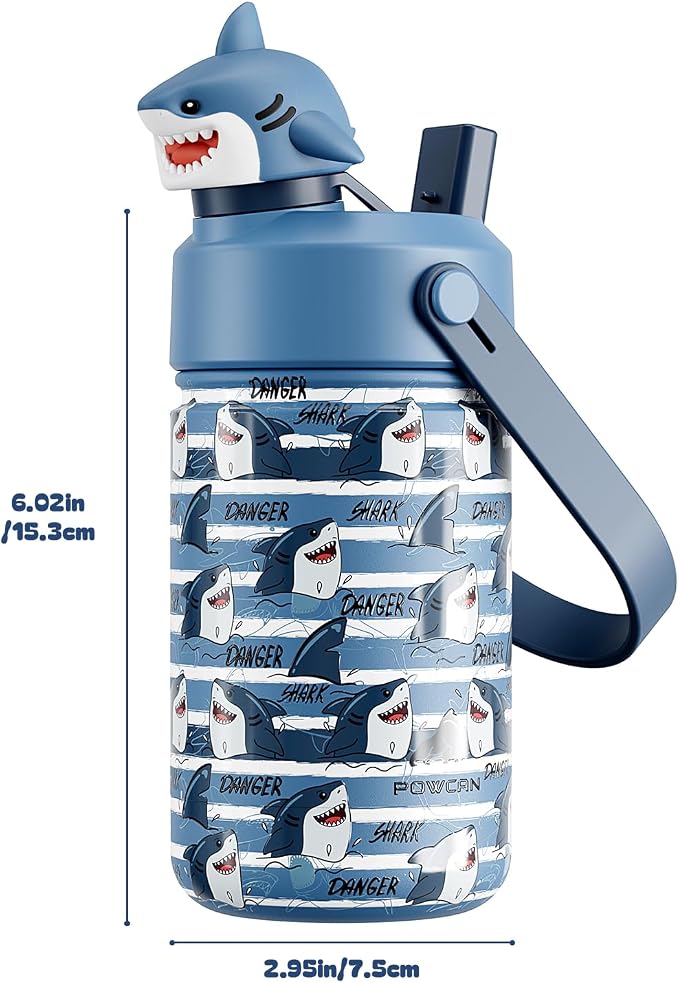 POWCAN 12 oz Insulated Water Bottle for School: 2-in-1 Straw Spout Lid with Soft Animal Head, Leakproof, BPA-Free, Keep Cold 24H, Easy Carry, Stainless Steel Cup for Kids, Boys, Girls (Baby Shark)