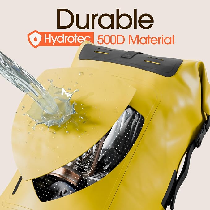 Waterproof Dry Bag Backpack 35L - Kayaking Boating Fishing Rafting Marine | Yellow 35L dry bag: 500D PVC, abrasion resistant build, IPX8 phone case for river and lake trips