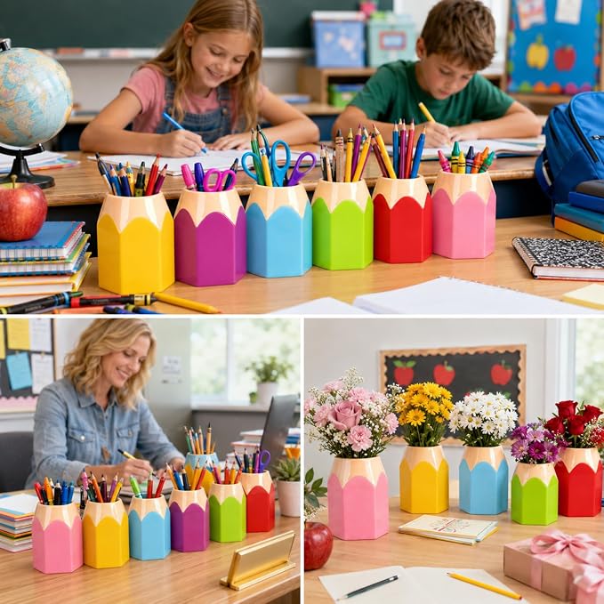 6 Pack Colorful Back to School Pencil Holders for Teacher Classroom Decor | Colorful Back to School Pencil Holders with Name Stickers, Perfect for Teacher Classroom Decor and Desk Organization
