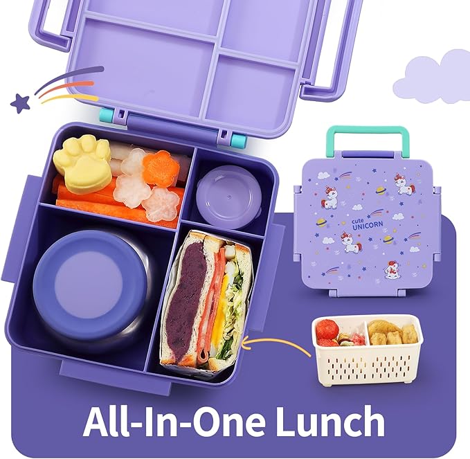 Bento Box for Kids with Thermos, [Large Capacity] Insulated Kids Lunch Box with 4 Compartment for Ages 3+, Drop-Proof & Dishwasher Safe Lunchbox Container Purple