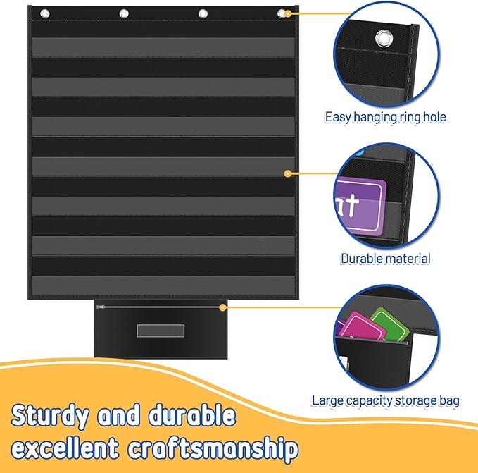 AKAYOK Standard Pocket Charts for Classroom, Interactive and Versatile Pocket Chart 28"x28" Sentence Strip Holder for Vocabulary, Practice Spelling, Display Number Patterns (Black)