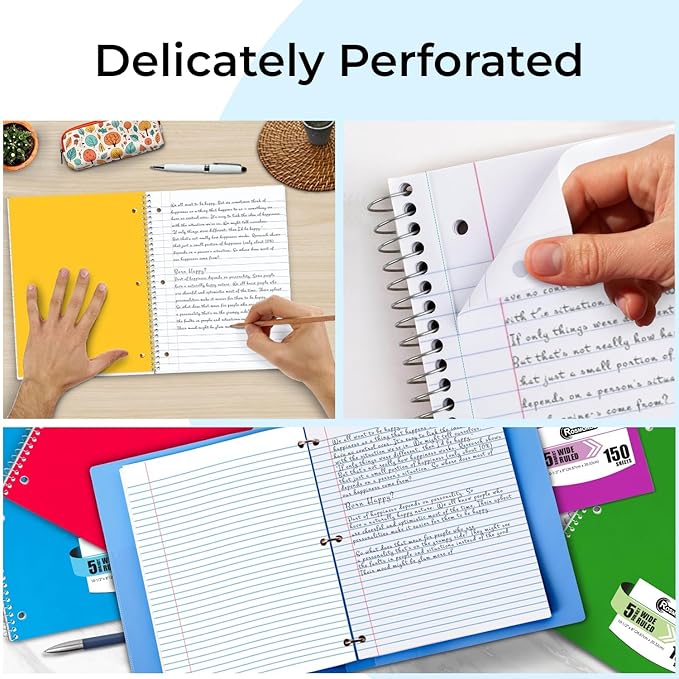 Rosmonde 24 Pack Spiral Notebook, 5 Subject, 300 Pages/Book (150 Sheets), Wide Ruled, 8 x 10-1/2, Bulk Subject Notebooks for Office & School, Office Spiral Notebooks, Soft Cover, Assorted Colors