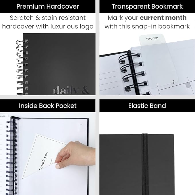 Undated Daily Planner | 2026 Calendar | Large Daily and Monthly Planner with Hourly Schedule, 8.5" x 11" | 6 Month, Full Page a Day, To do List, Time Blocking, Black Aesthetic Hardcover Spiral Notebook