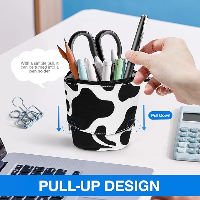Cute Standing Pencil Case for Kids, Pop Up Pencil Box Makeup Pouch, Christmas Gift Kids Canvas Pen Holder Organizer Cosmetics Bag, Kawaii Stationary (Cow Print)