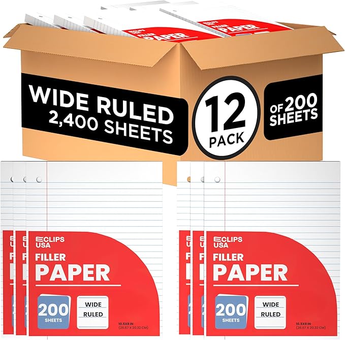 Wide Ruled Loose Leaf Paper Wide Ruled Notebook Paper Lined Writing Filler Paper 10.5” x 8” 56 gsm 2400 Sheets 200 Sheet Per Pack (12 Pack)